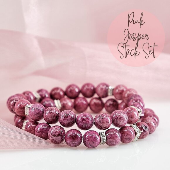 Pink Jasper Dainty Beaded Stretch Bracelet Set of 2 - Picture 1 of 11
